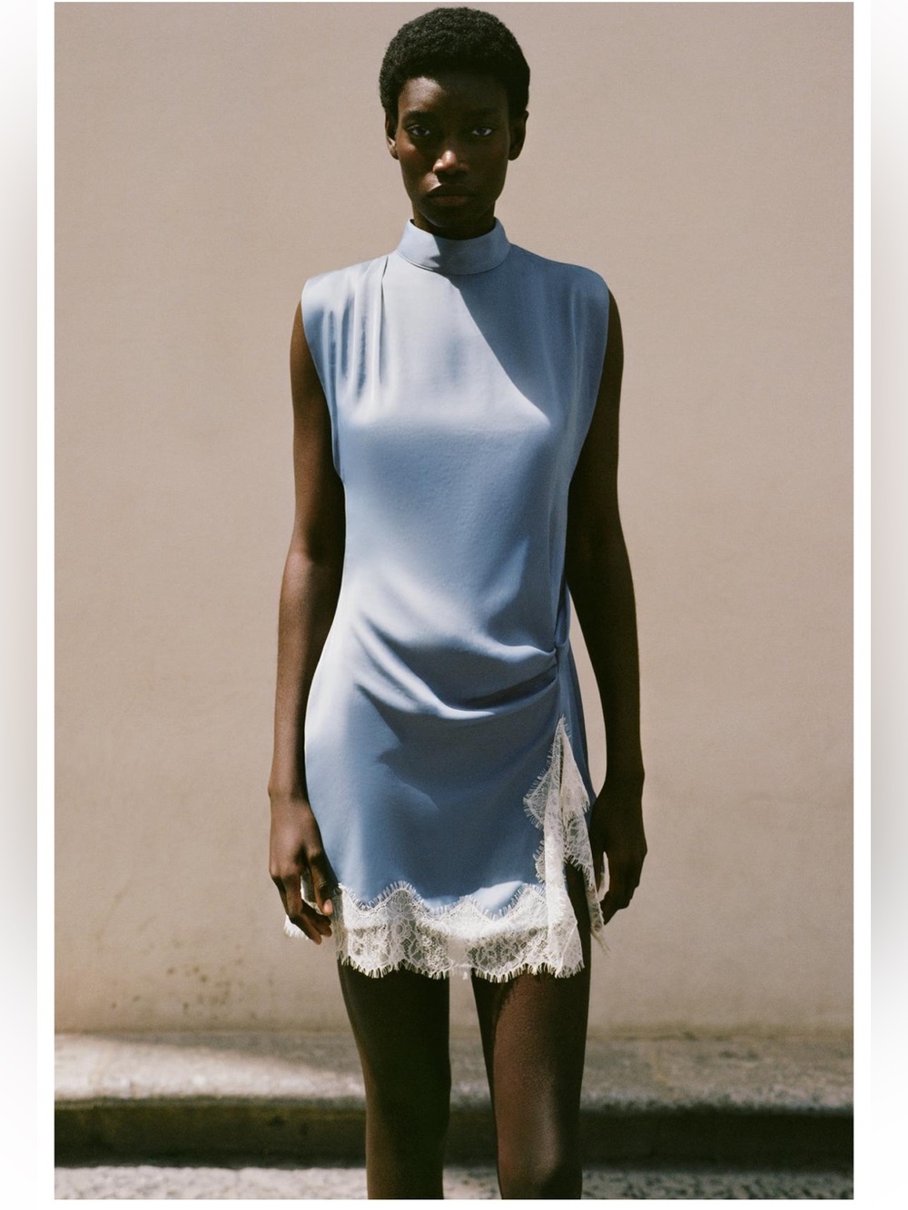 Zara Sleeveless Light Blue Lace-Trim Mini Dress